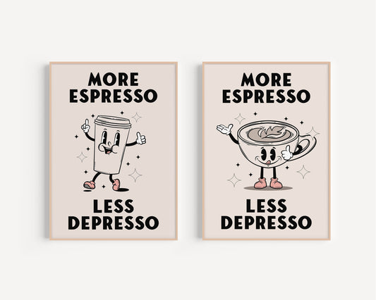 Retro Coffee Wall Art Print, More Espresso Wall Décor, Coffee Art Print, Kitchen Wall Art, Coffee Poster, Retro Character Print, Two Designs