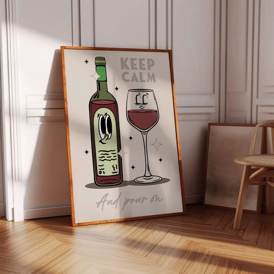 Kitchen Print, Retro Wine Illustration Wall Art, Retro Character Poster, Wine Print Wall Decor, Kitchen Wall Art, Kitchen Wall Decor