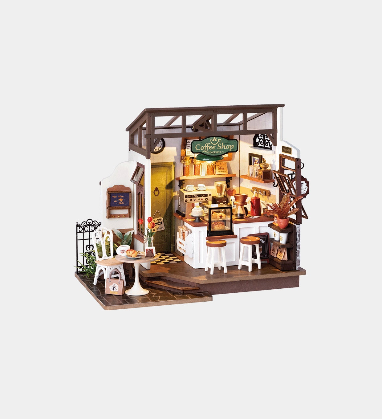 Build Your Own Café, Doll House DIY Kit, Model Set, Miniature Café Shop Craft Kit for Adults, Mini Diorama Shop with Furniture