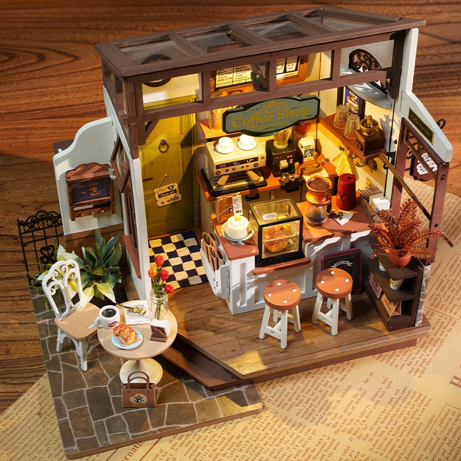 Build Your Own Café, Doll House DIY Kit, Model Set, Miniature Café Shop Craft Kit for Adults, Mini Diorama Shop with Furniture