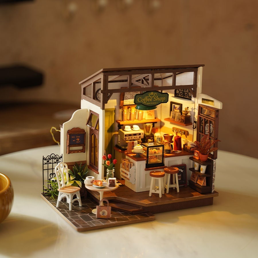 Build Your Own Café, Doll House DIY Kit, Model Set, Miniature Café Shop Craft Kit for Adults, Mini Diorama Shop with Furniture