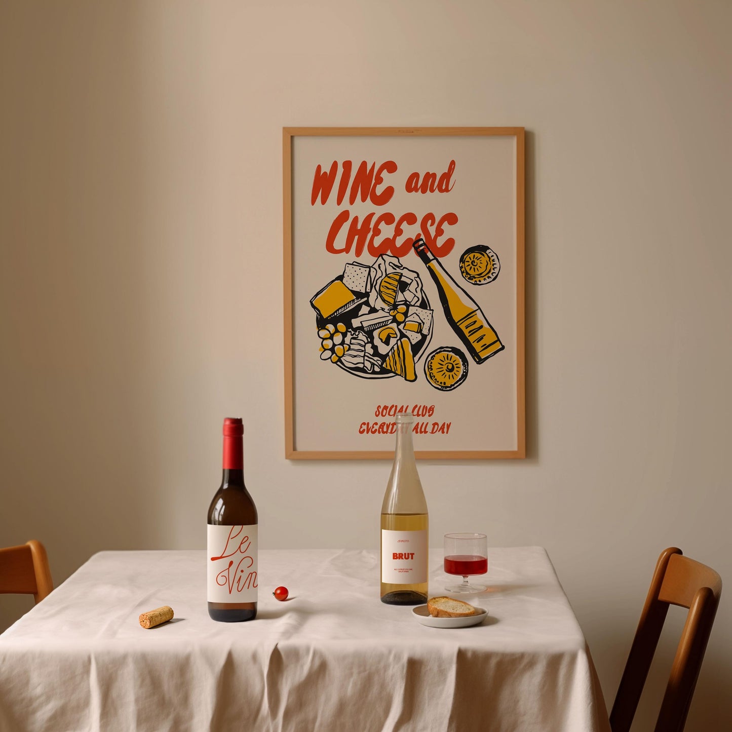 Wine & Cheese Club Retro Food Print, Vintage Wine Print, Mid Century Modern Print, Drinks Print Food Prints, Kitchen Prints, Illustration