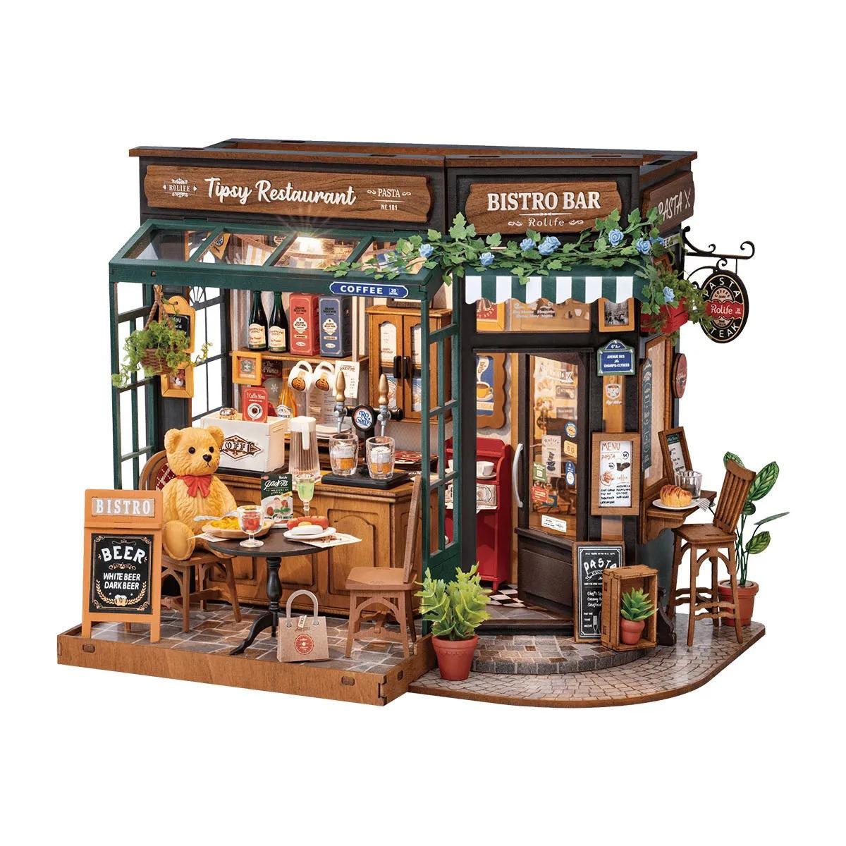 Build Your Own Bistro Bar Restaurant, Doll House DIY Kit, Model Set, Miniature Shop Craft Kit for Adults, Mini Diorama Shop with Furniture