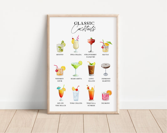 Classic Cocktails Print, Cocktails Poster, Cocktails Art, Cocktail Gifts, Bar Print, Cocktails, Cocktail Selection, Kitchen Art, Dining Room